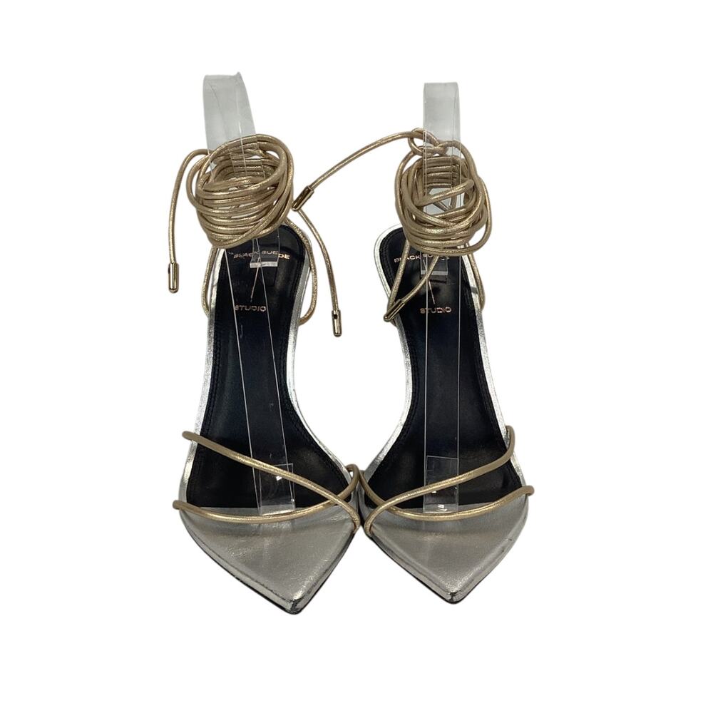 Black Suede Studio Sleek Silver And Gold Talia Heeled Sandals Size 8.5 - Picture 4 of 5